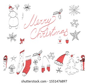  Isolated on white background Cristmas vector set of seamless horizontal border brush, handwritten greeting message Merry Christmas silhouette, isolated winter elements: snowflakes, snowman, star