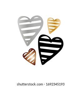 Isolated on white background cute four hearts with stripes of different sizes. Hearts of gold, silver, black and bronze. Making a card, wedding, Valentine's Day. Declaration of love. Vector graphics.