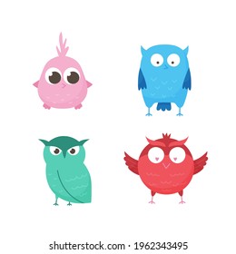 Isolated on white background cute forest owls. Set of cartoon animals for print, children development. Varieties of decorative colored birds, flat geometric design