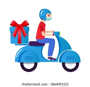 Isolated on white background delivery man with mask riding a scooter. Delivery of gifts won for the new year. Online shopping delivery