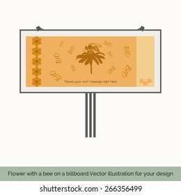 Isolated on white background, depicts a shield, which shows a bee sitting on a flower, bees around a flower bio text, a honeycomb pattern on the left
