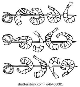 Isolated On a White Background Doodle Cartoon Vintage Hand Drawn Sketch . Shrimp on Wood Stick, Prawn Kebab, Seafood BBQ, Canapes