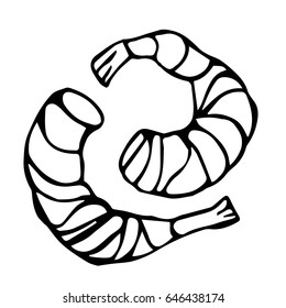 Isolated On a White Background Doodle Cartoon Vintage Hand Drawn Sketch. Cooked Shrimp or Prawn Cocktail.