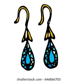 Isolated On a White Background Doodle Cartoon Vintage Hand Drawn Sketch. Gold Jewellery Earrings With Blue or Turquoise Gemstones Drop Shape