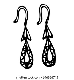 Isolated On a White Background Doodle Cartoon Vintage Hand Drawn Sketch. Gold Jewellery Earrings With Gemstones.
