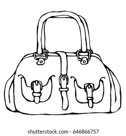 Isolated On a White Background Doodle Cartoon Vintage Hand Drawn Sketch . Modern fashion bag female accessory. Fashionable and trendy handbag.
