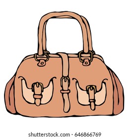 Isolated On a White Background Doodle Cartoon Vintage Hand Drawn Sketch . Modern fashion bag female accessory. Fashionable and trendy handbag.