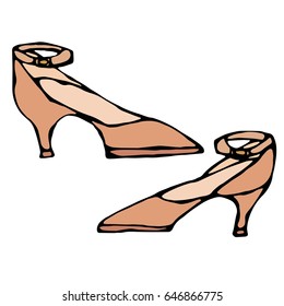 Isolated On a White Background Doodle Cartoon Vintage Hand Drawn Sketch. Women High-heeled Brown Shoe with Strap.