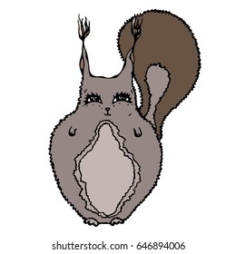 Isolated On a White Background Doodle Cartoon Hand Drawn Sketch Vector. Cute Adorable Squirrel.