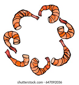 Isolated On a White Background Doodle Cartoon Vintage Hand Drawn Sketch. Cooked Shrimp or Prawn Cocktail Wreath