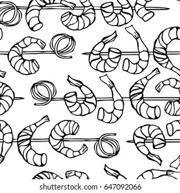 Isolated On a White Background Doodle Cartoon Vintage Hand Drawn Sketch . Seamless Shrimp on Wood Stick, Prawn Kebab, Seafood BBQ, Canapes