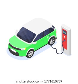 Isolated On White Background An Electric Car Is Charging From A Power Station. Vector Isometric Illustration.