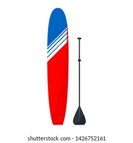 Isolated on white background flat style red and blue standup surfboard for paddleboarding -longboard with black paddle. Surfing desk for surfer gear. Vector cartoon style  illustration.