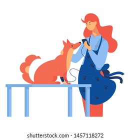 Isolated on white background flat scene with dog and veterinarian in bright colors. Modern concept illustration good for veterinary clinic or vet.