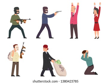 isolated on white background funny cartoon characters thieves, gangsters, gangsters with guns, hostages. vector