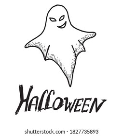 isolated on white background. Ghost with a smile. Toon. Handwritten lettering. Made in the technique of doodle. Halloween. Can be used on invitations, posters, and baby favors.