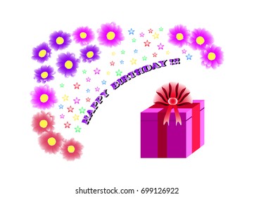 Isolated on white background is a gift, flowers and stars. In the middle of the picture there is an inscription "Happy birthday".