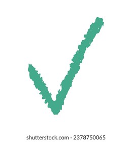 Isolated on a white background green texture element in the shape of a check mark. Sign of approval, confirmation, hand drawn doodle.