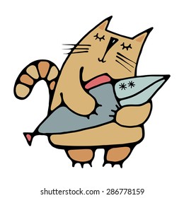 Isolated on white background hand-drawn cute cat dreaming of a big fish in its claws, a simple design for embroidery, applique, design element