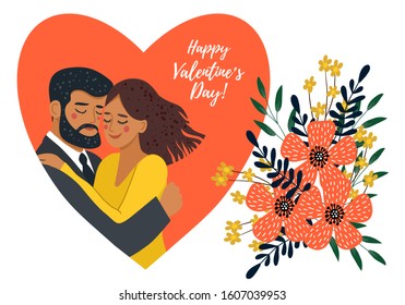Isolated on white background hugging couple in heart and bouquet of flowers. Cute flat valentines day vector illustration
