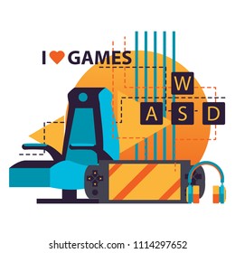 Isolated on white background illustration with video game accessories as player chair, gamepad, wasd keyboard and headphones, lettering I love games in bright colors