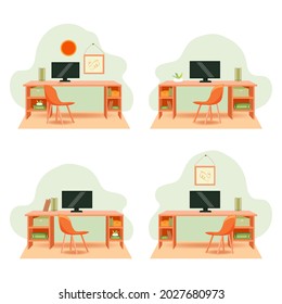 Isolated on white background interiors. The vector is made in a flat style. Nice bed colors. Desk, laptop, books, documents. Suitable for a poster, postcard or other printing.