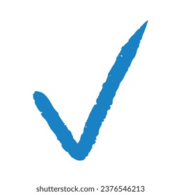 Aislado sobre fondo blanco elemento de marca de verificación azul minimalista. Ilustración de textura de doodle de la confirmación, signo de acuerdo.