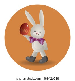 Isolated on white background in orange circle Easter bunny comes and keeps in paw painted Easter egg. Vector illustration, logo 