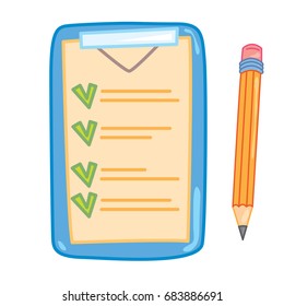 Isolated on white background outlined cartoon style illustration of checklist clipboard with writing pen. Cartoon style color doodle