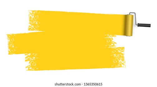isolated on white background paint roller with painted marking colored yellow
