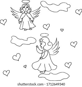 isolated on white background picture of an angel girl, outline, vector, Stock illustration of a design element for print