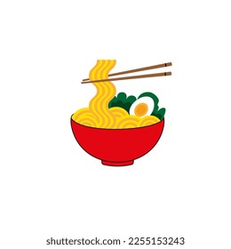 Isolated on white background red ramen noodle soup vector line illustration.Asian Japanese traditional food cuisine. Clip art, menu, poster, print