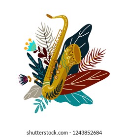 Isolated on white background saxophone and leaves with flowers. Decorative flat doodle element for design, vector illustration