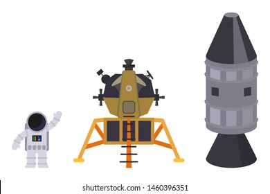 Isolated on white background set of space objects: astronaut, lunar module and rocket. Vector flat illustration