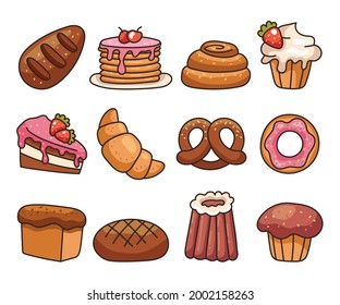 Isolated on white background set of bakery food flat line modern style. Vector flat graphic design illustration