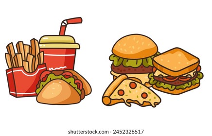 Isolated on white background set of junk fast food flat line modern style. Vector flat graphic design illustration