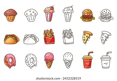 Isolated on white background set of junk fast food flat line modern style. Vector flat graphic design illustration