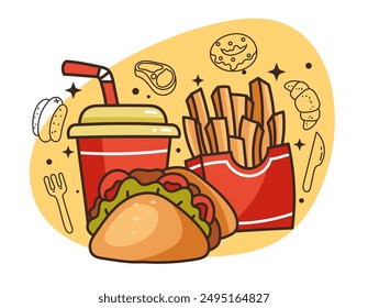 Isolated on white background set of junk fast food flat line modern style. Vector flat graphic design cartoon illustration 