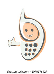 Isolated on white background silhouette of a cartoon mobile phone showing LIKE hand.