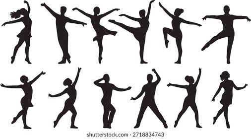 Einzeln auf weißem Hintergrund zeigen die Silhouetten Frauen und Männer in unterschiedlichen Ballettpositionen, wobei einige auf einem Bein balancieren und andere anmutig Arme ausstrecken und so eine Ästhetik der Bewegung schaffen.