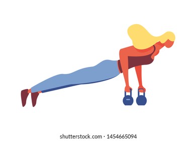 Isolated on white background sport woman doing fitnes training. Plank position standing on weights. Vector illustration good for gym or exercises