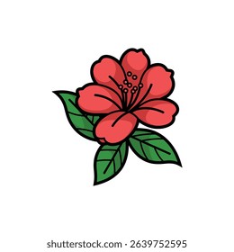 Isolated on a white background, a stylized illustration shows a red flower with black outlines accompanied by three green leaves, also outlined in black. 161 characters
