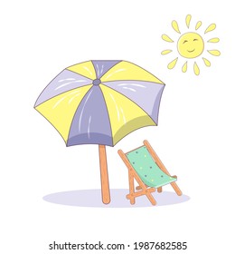 Isolated on a white background sun lounger, umbrella and sun in cartoon style. Design concept for a summer vacation. Vector illustration on the theme of rest by the sea.