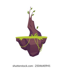 Isolated on a white background vector illustration of a floating island with a single tree stump and green leaves. The rocky base is suspended in the air with vines hanging down.