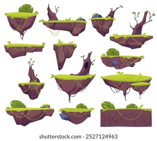 Isolado em um conjunto de ilustrações de vetor de fundo branco de ilhas flutuantes. Conjunto de 12 plataformas de paisagem de jogos de desenho animado com grama verde, rochas e árvores para criar fundos de jogo.