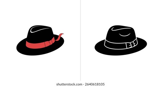 Isolated on white background, a vector illustration shows two black hats. One features a red ribbon detail; the other has a white belt with buckle.