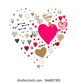 Isolated on white background vector heart filled with red hearts. Graffiti with hearts and inscriptions: "happy Valentine's Day", "I love you", "My Valentine".