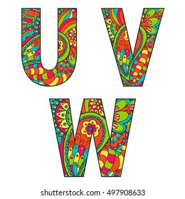 Isolated on white background vector set of large letters with a bright pattern doodle. Letter U, V, W.