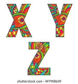 Isolated on white background vector set of large letters with a bright pattern doodle. Letter X, Y, Z.