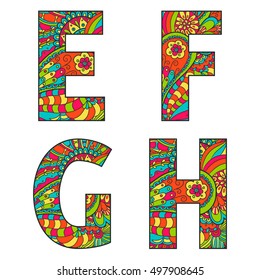 Isolated on white background vector set of large letters with a bright pattern doodle. Letter E, F, G, H.